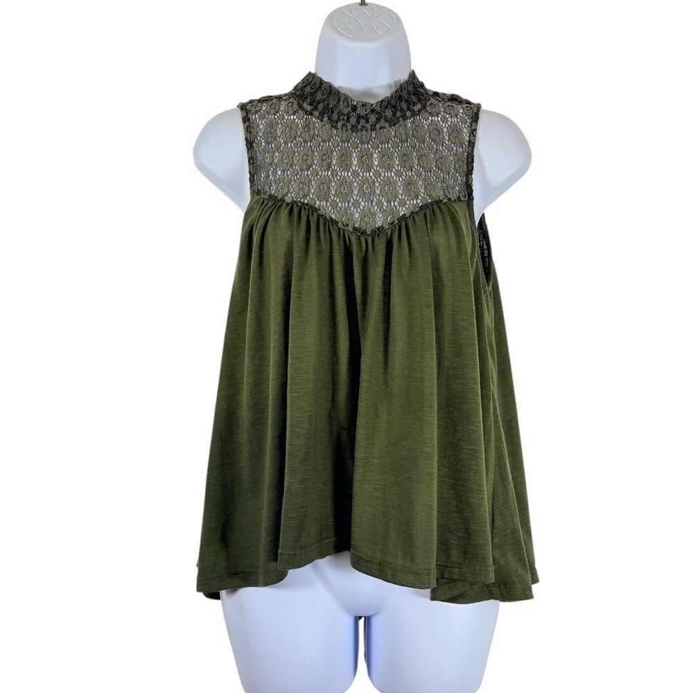 Haute Monde Olive Green Lace Yoke Sleeveless Blouse Size L Boho Flowy Top
